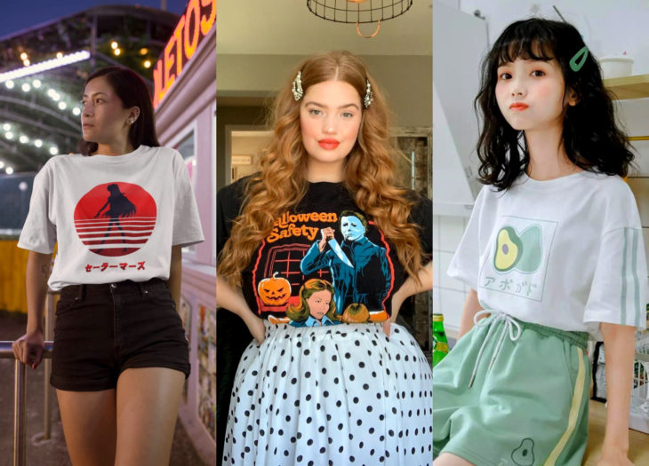 Ropa trendy; outfits con camisetas con estampados de Sailor Moon, Halloween y aguacate