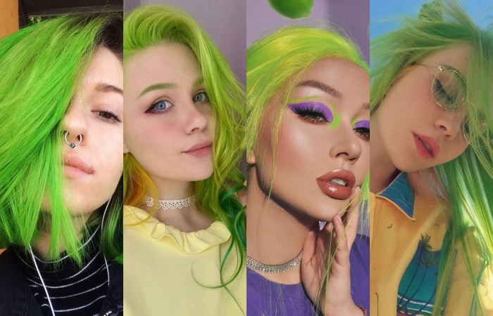 chicas con cabello teñido color verde lima o verde neón