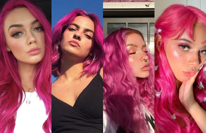 chicas con cabello teñido color rosa intenso, bright pink o fuscia