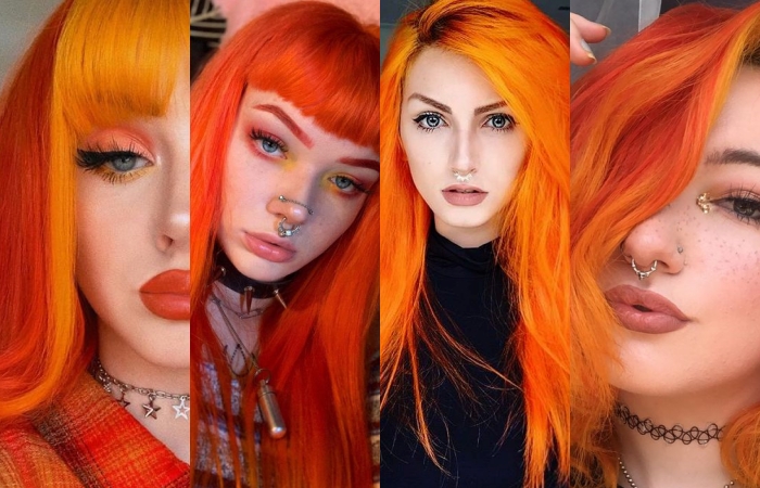 chicas con cabello teñido color naranja brillante o naranja neón bright orange