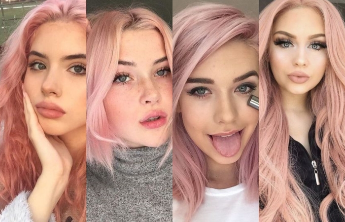 chicas con cabello teñido color rosa pastel o baby pink
