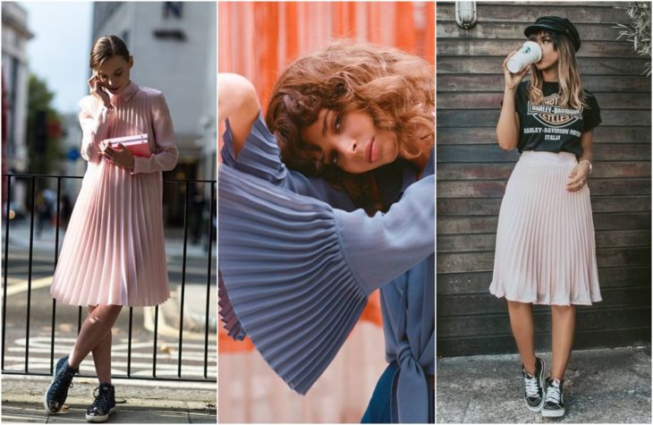 Chicas mostrando la última tendencia en moda con vestidos, blusas y faldas plisadas en colores rosa pastel, azul y rose gold