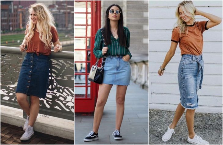 Chicas mostrando la última tendencia en moda con faldas de mezclilla claras y oscuras en versiones cortas y largas
