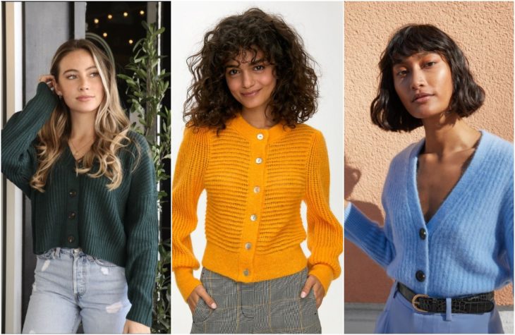Chicas mostrando la última tendencia en moda con suéteres ligeros, tejidos, en colores verde, mostaza y azul cielo 