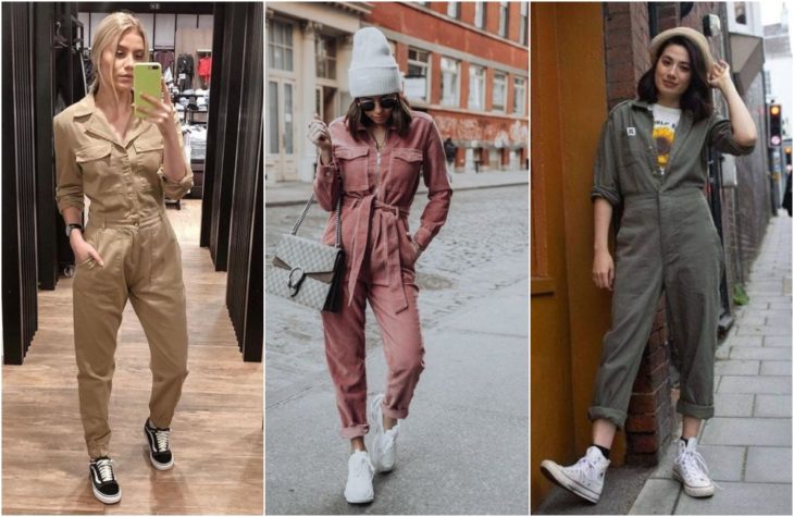 Chicas mostrando la última tendencia en moda con mono utilitario en colores rosa, beige y verde con tenis blancos