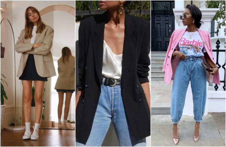 Chicas mostrando la última tendencia en moda con blazers amplios en colores beige, fucsia y azul claro