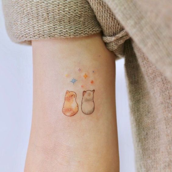 Tatuaje mini de gato naranja y otro blanco mirando las estrellas