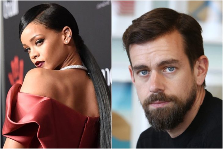 Rihanna y Jack Dorsey donan 15 millones de dólares a los servicios de salud mental antes Covid-19. Rihanna posando de espaldas con vestido rojo cereza y coleta baja, Dorsey CEO de Twitter con barba cerrada, cabello castaño y ojos azules