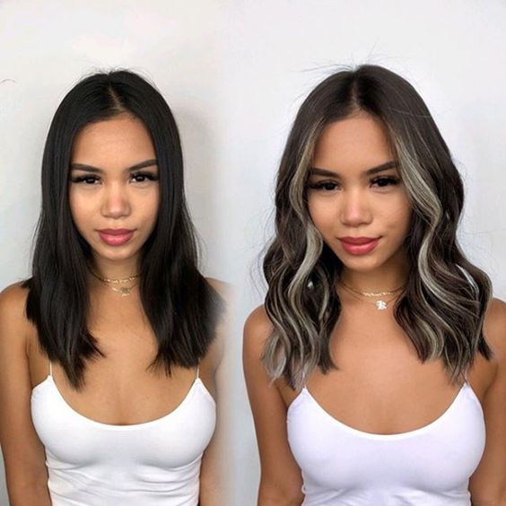 antes y después de chicas morenas con luces en el cabello