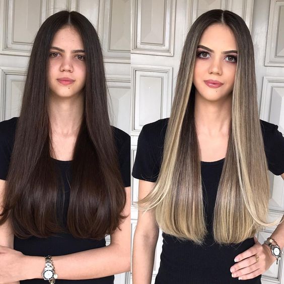 antes y después de chicas morenas con luces en el cabello