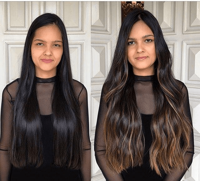 antes y después de chicas morenas con luces en el cabello
