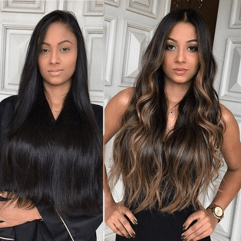 antes y después de chicas morenas con luces en el cabello
