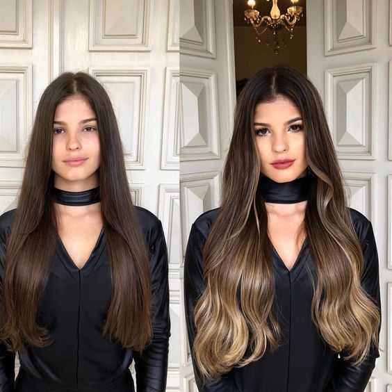 antes y después de chicas morenas con luces en el cabello
