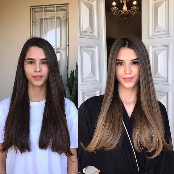 antes y después de chicas morenas con luces en el cabello
