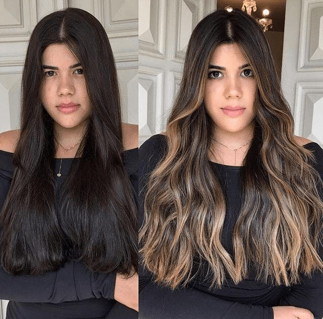 antes y después de chicas morenas con luces en el cabello