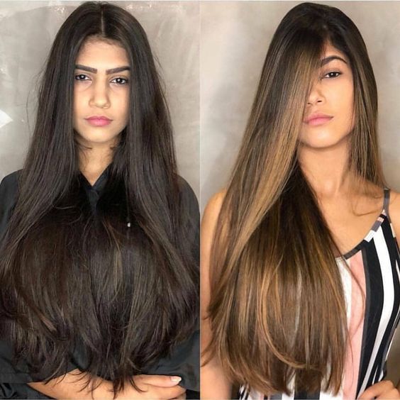 antes y después de chicas morenas con luces en el cabello