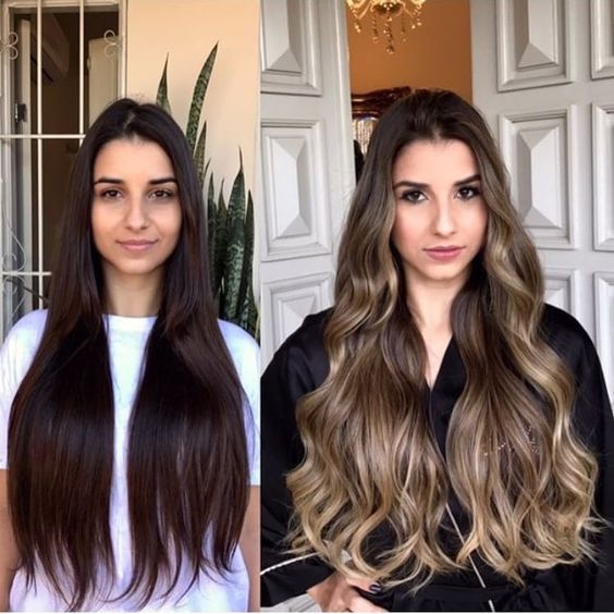 antes y después de chicas morenas con luces en el cabello