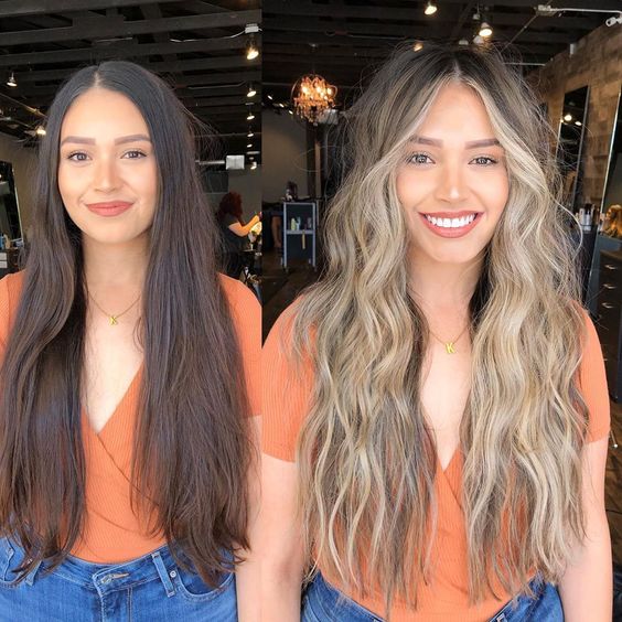 antes y después de chicas morenas con luces en el cabello