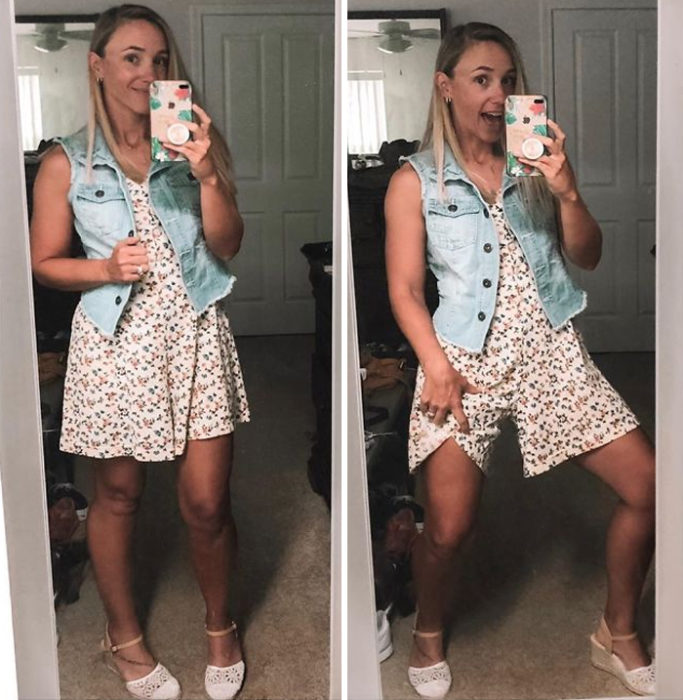 Chica antes y después de convertir un vestido corto, blanco y con flores cafés en un jumper