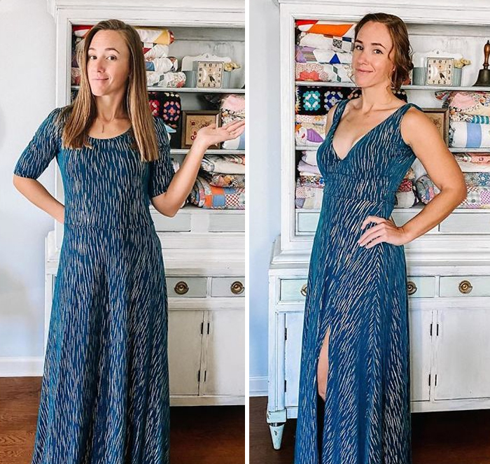 Chica antes y después de convertir un vestido azul marino con decoración de margaritas blancas