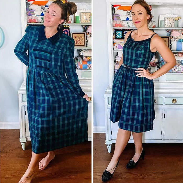 Chica antes y después de convertir un vestido azul marino con cuadros negros
