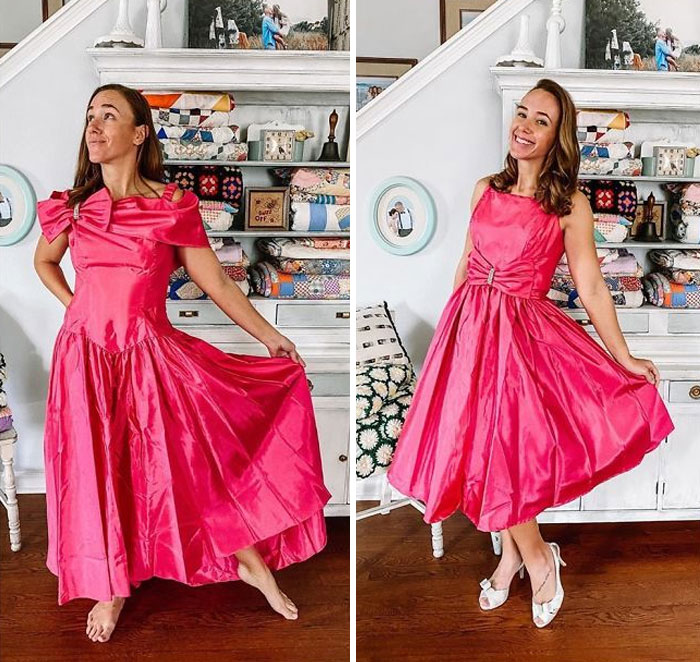 Chica antes y después de convertir un vestido de fiesta rojo fucsia