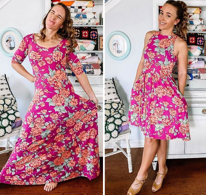 Chica antes y después de convertir un vestido rosa fucsia de lycra con flores amarillas y naranjas