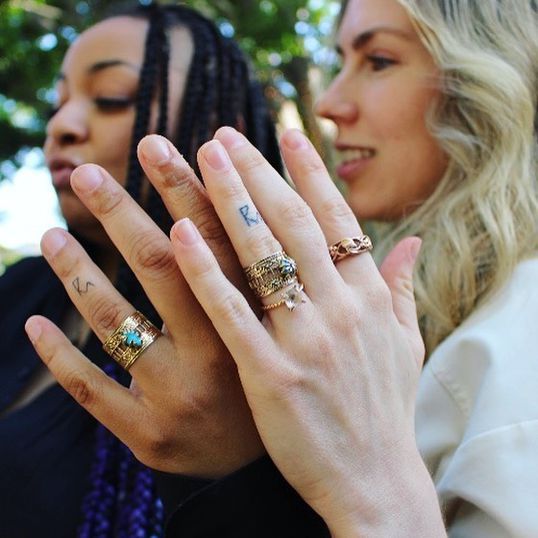 Raven-Symoné y Miranda Maday mostrando sus sortijas de compromiso