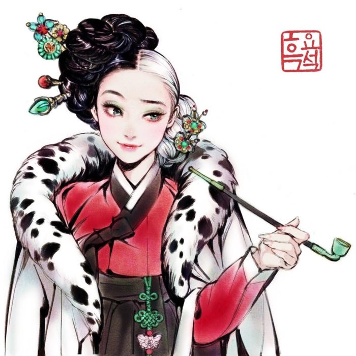 Ilustración digital de Cruella De Vil de 101 Dálmatas