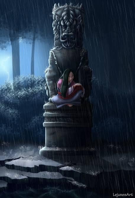 Mulán sentada en el Gran Dragón de Piedra durante una lluvia