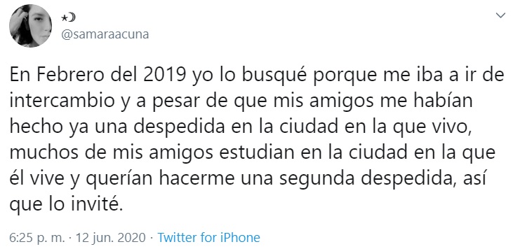 Captura del tuit del hilo de la historia de Samara y Miguel