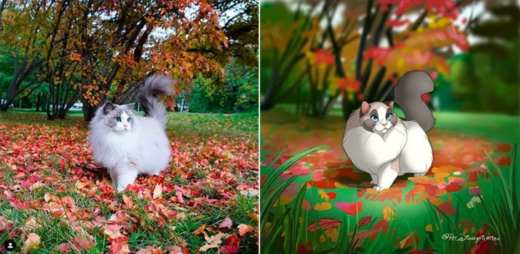 Dibujo 'Disneyficado' de una gatita en un campo de hojas de otoño