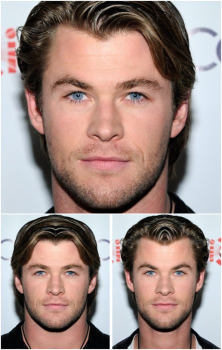 Chris Hemsworth comparación de su rostro simétrico en izquierda y derecha, en una alfombra roja de Guardianes de la galaxia de Marvel