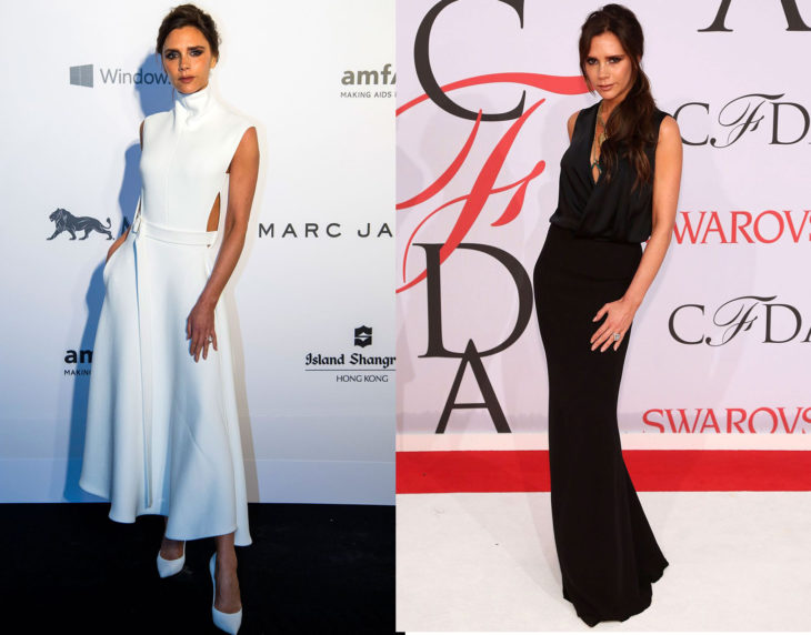 Victoria Beckham posando de la misma manera en las alfombras rojas