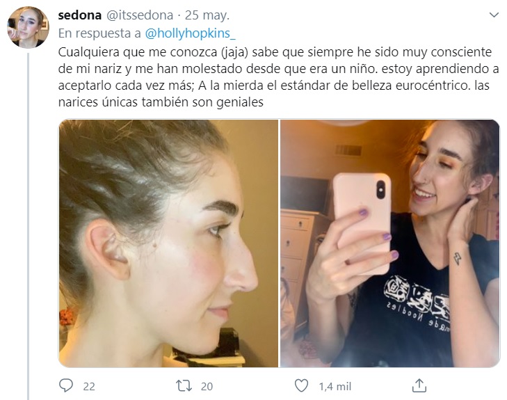 Captura de tweet en la que chica se muestra amor hacía su tipo de nariz