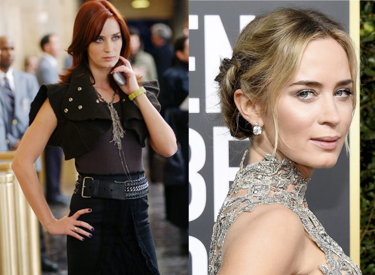 Emily interpretada por Emily Blunt en El diablo viste a la moda, antes y ahora