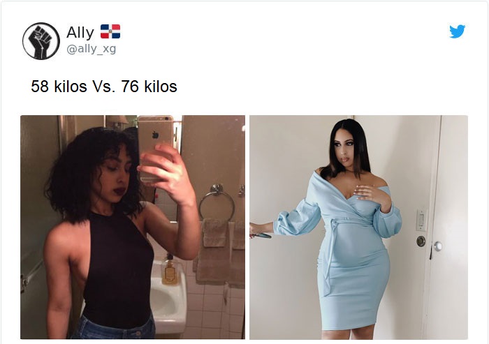 Mujer antes y después de subir de peso. Con blusa de cuello hlater en color negro y vestido escotado en tono azul cielo