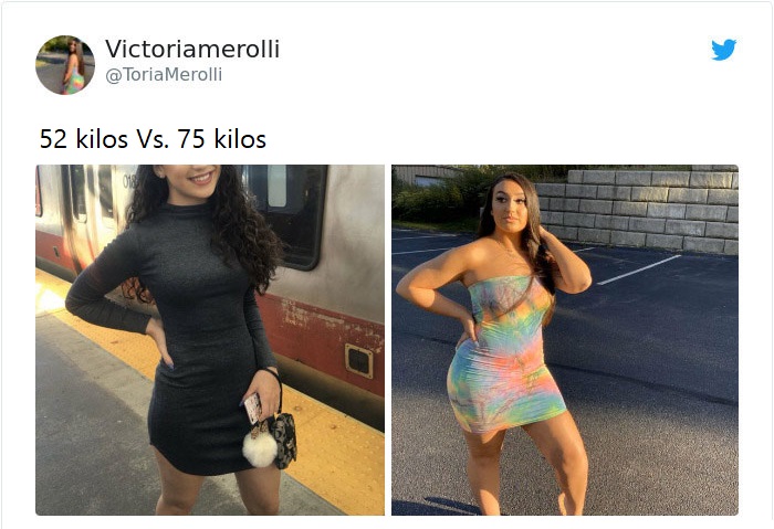 Mujer antes y después de subir de peso con vestido corto de lentejuelas negras y vestido en tonos azules y rosa fucsia 