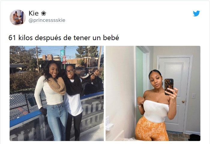 Mujer antes y después de subir de peso, con top blanco y jeans azules, tomando una selfie frente al espejo