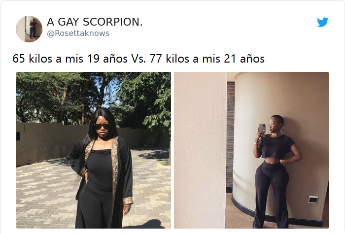 Mujer antes y después de subir de peso llevando prendas en tono negro