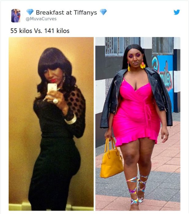 Mujer antes y después de subir de peso, llevando un vestido negro entallado y un vestido rosa fucsia 