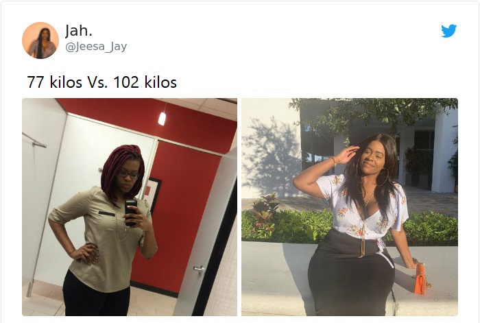 Mujer antes y después de subir de peso con pantalón negro y blusa en tonos claros tomando una selfie frente al espejo
