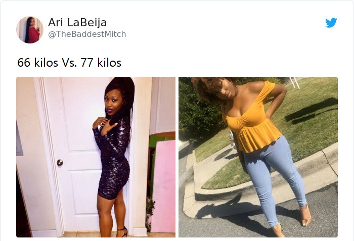 Mujer antes y después de subir de peso llevando un vestido entallado y un top amarillo mostaza