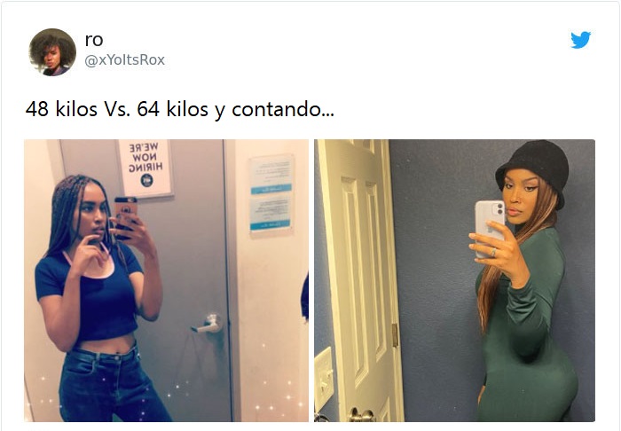 Mujer antes y después de subir de peso tomando selfies frente al espejo