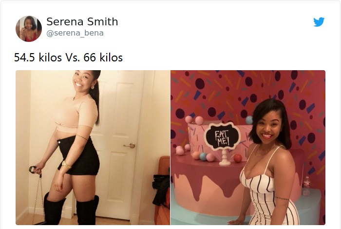 Mujer antes y después de subir de peso llevando ropa blanca con destellos en negro