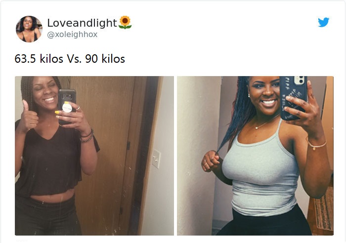 Mujer antes y después de subir de peso llevando blusas cortas en tonos negro y menta