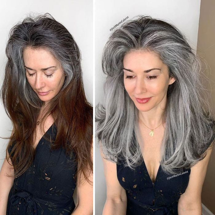 Chica antes y después de teñir su cabello en tono gris