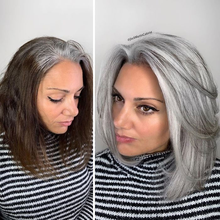 chica mostrando su cabello con canas antes y después de ser teñido