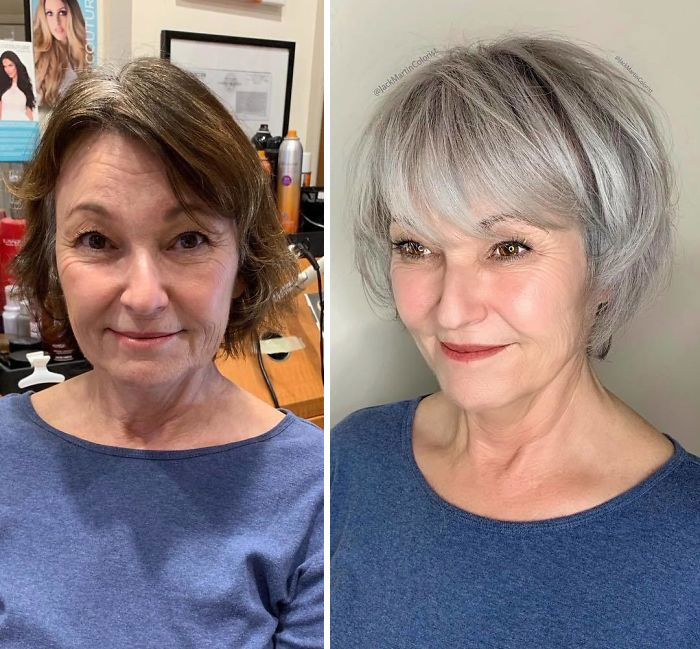 Mujer adulta mostrando su cabello corto en castaño y plateado