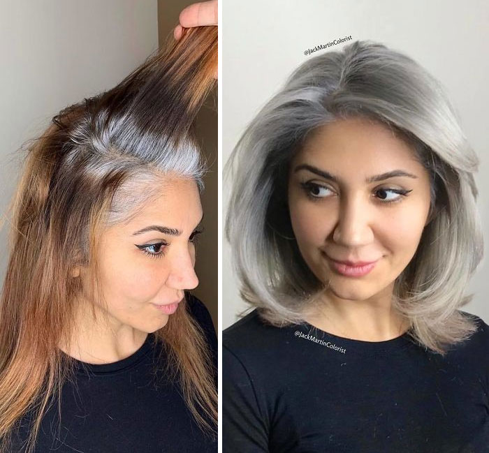 Chica con cabello rojizo y raíz de canas, antes y después de ser teñido en plateado